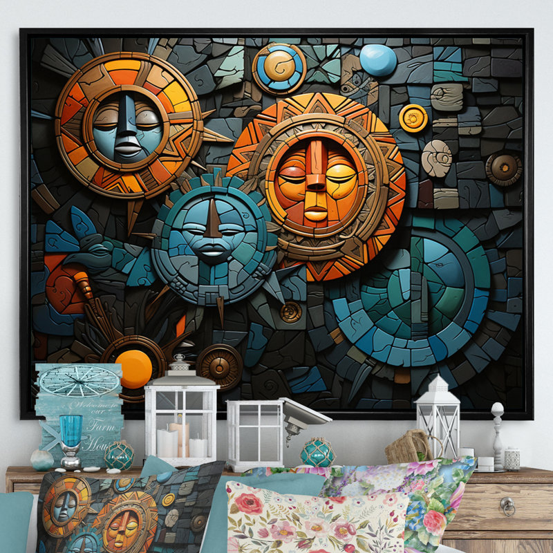 Art africain, mosaïque, 30" H x 40" W, Cadre flottant noir