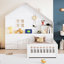 Lit maison avec fenêtre et tiroirs de chevet, lit plateforme avec tablettes et ensemble de prises et port USB