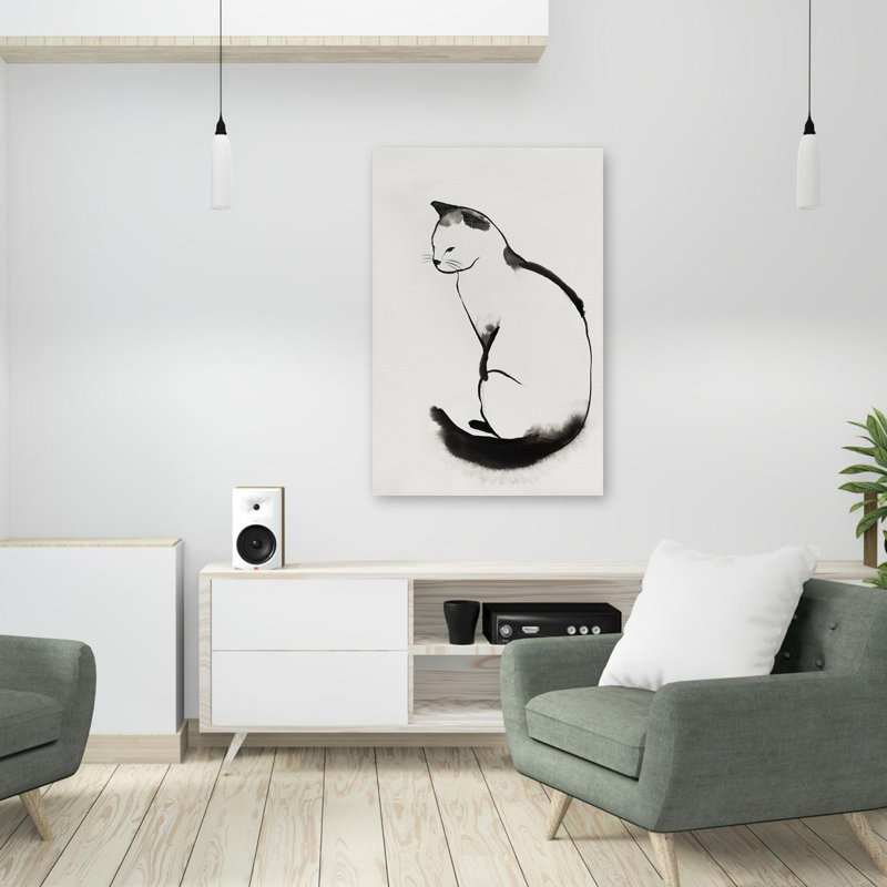 Chaton II, art animalier à l'encre blanche minimaliste, H 36 po x l 24 po
