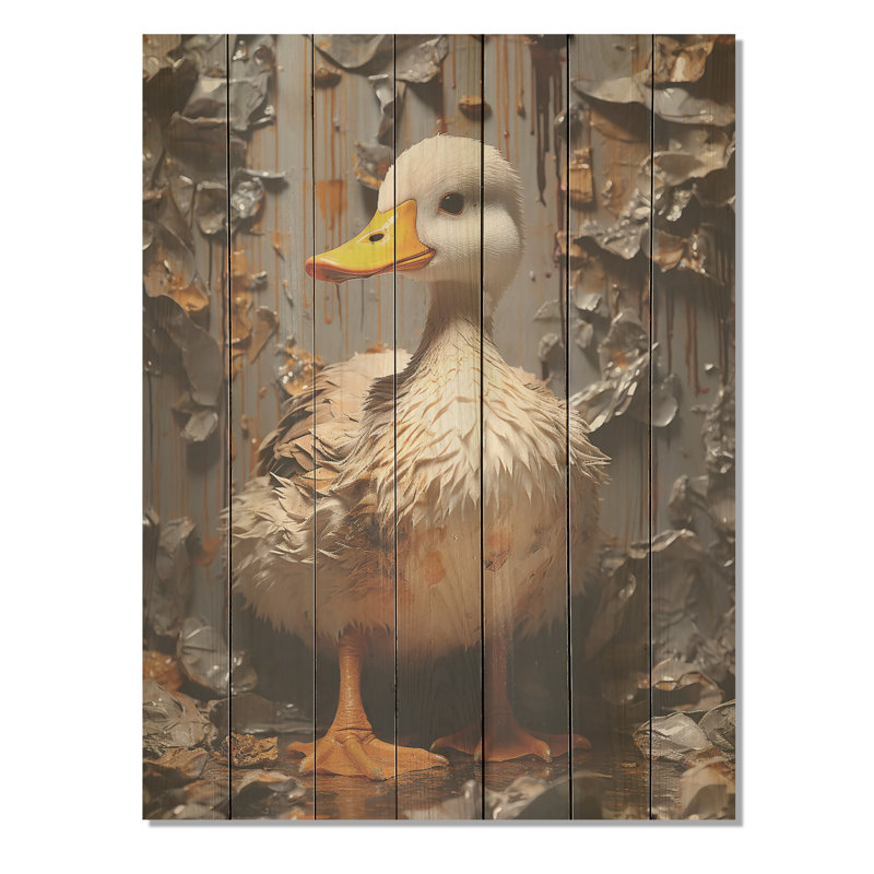 Élégance à plumes de canard gris et jaune - animal canard sur bois, H 44 po x l 34 po