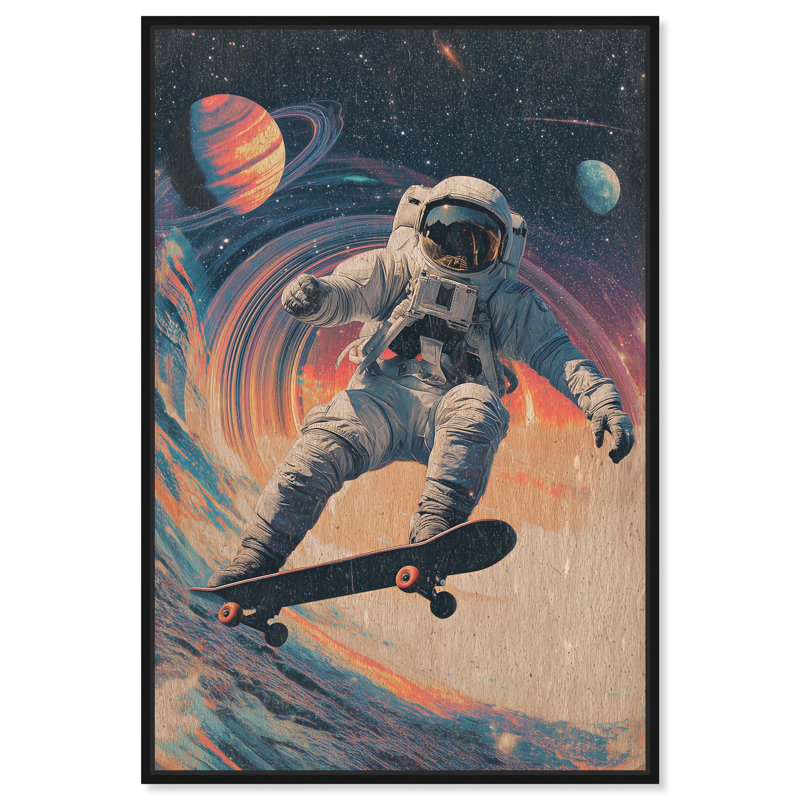 «Sick Tricks Astronaut Retro Decor», reproduction sur toile par Notoriart, H 36 po x l 54 po, Structure noire