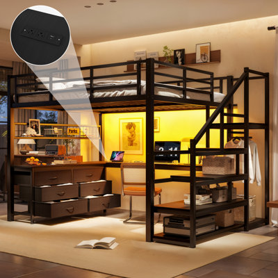 Lit mezzanine Queen Size avec bureau intégré, tiroirs et escalier de rangement, structure métallique robuste pour un gain de place, idéal pour les adolescents et les adultes, mobilier de chambre multifonctionnel tout-en-un, noir