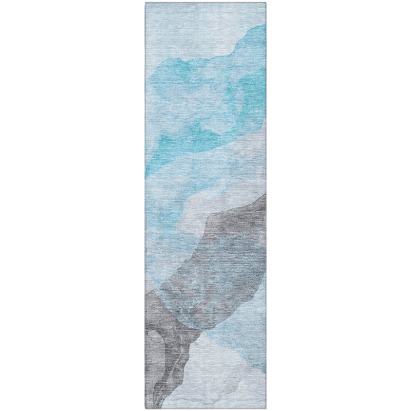 Tapis abstrait lavable à la machine de qualité supérieure Mayfield AMF2109, Sarcelle, Tapis de couloir 2 pi 3 po x 7 pi 6 po