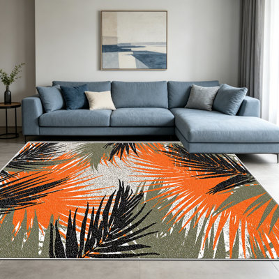 Tapis d'intérieur orange et noir à motifs de palmiers (1 pièce), élégant et polyvalent. Facile à nettoyer et à entretenir, il est idéal pour la chambre, le salon, le corridor, l'entrée, une chambre d'étudiant ou un bureau, et apporte une touche de fraîcheur à votre intérieur.