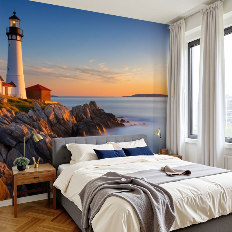 Papier peint adhésif auto-adhésif moderne pour la chambre à coucher avec phare Portland Head Maine L 144 "x l 100" Peel and Stick