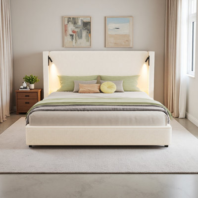 Base de lit rembourrée avec tête de lit haute à oreilles, lampe de lecture et port USB