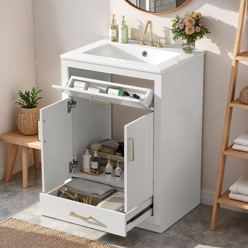 Bathroom Vanity With Ceramic Sink, 1 Large Storage Cabinet, 1 Full Extension Drawer And 1 Tip-out Drawer, White