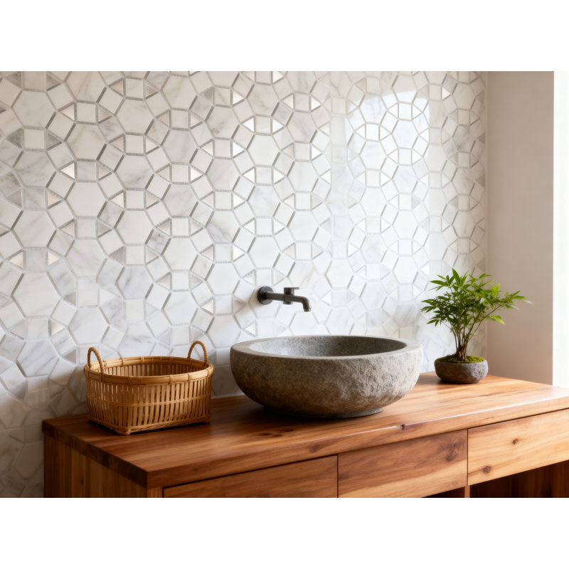 Art Deco 3.5 x 4.5 Glass Cobblestone Deco Mosaic Tile, Calacatta Gold Blend