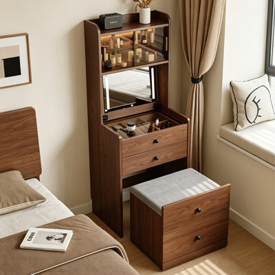Solid Wood and Glass Vanity with Mirror and Seat