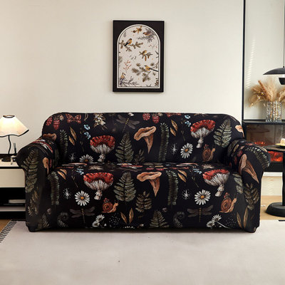 Woodland Mushroom Botanical Stretch Sofa Slipcover, Black Microfiber Digital Print, Machine-Washable Non-Slip Couch Protector, Fits Chair, Loveseat, Sofa & XL Sofa