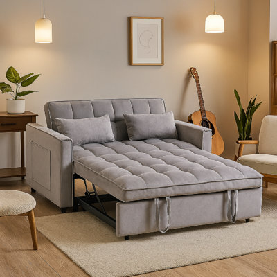 OPHELIA 3-In-1 Velvet Convertible Sleeper Sofa Bed With Adjustable Backrest, Pillows & Side Pockets, Pull-Out Loveseat Futon For Apartment Or Living Room