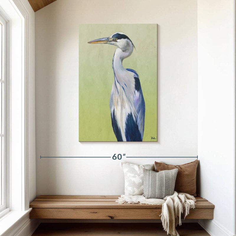 Héron bleu sur fond vert II, H 45 po x l 30 po