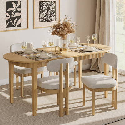 5 Piece Modern Dining Table Set, 73" Solid Wood Oval Dining Table With 4 Polyester Chairs, Dining Set With Fluted Apron For Kitchen & Dining Room