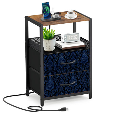 Table de chevet 2 tiroirs en tissu avec station de charge Élégant baroque bleu foncé damassé orné de détails floraux