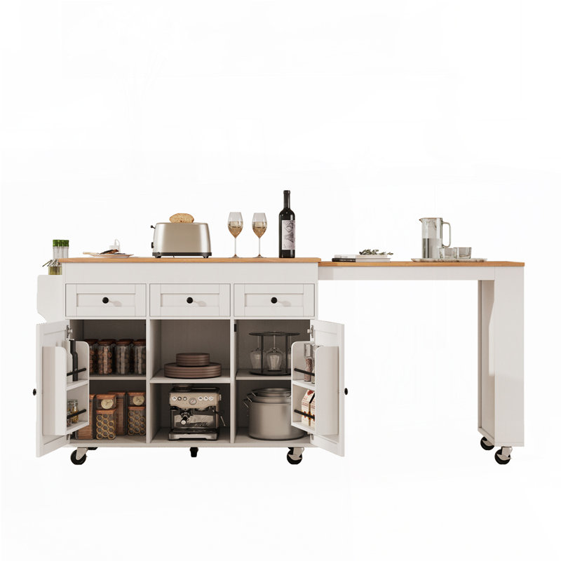Îlot de cuisine 85,5 po avec centrale électrique et rangement extensible 85,5 po, Blanc