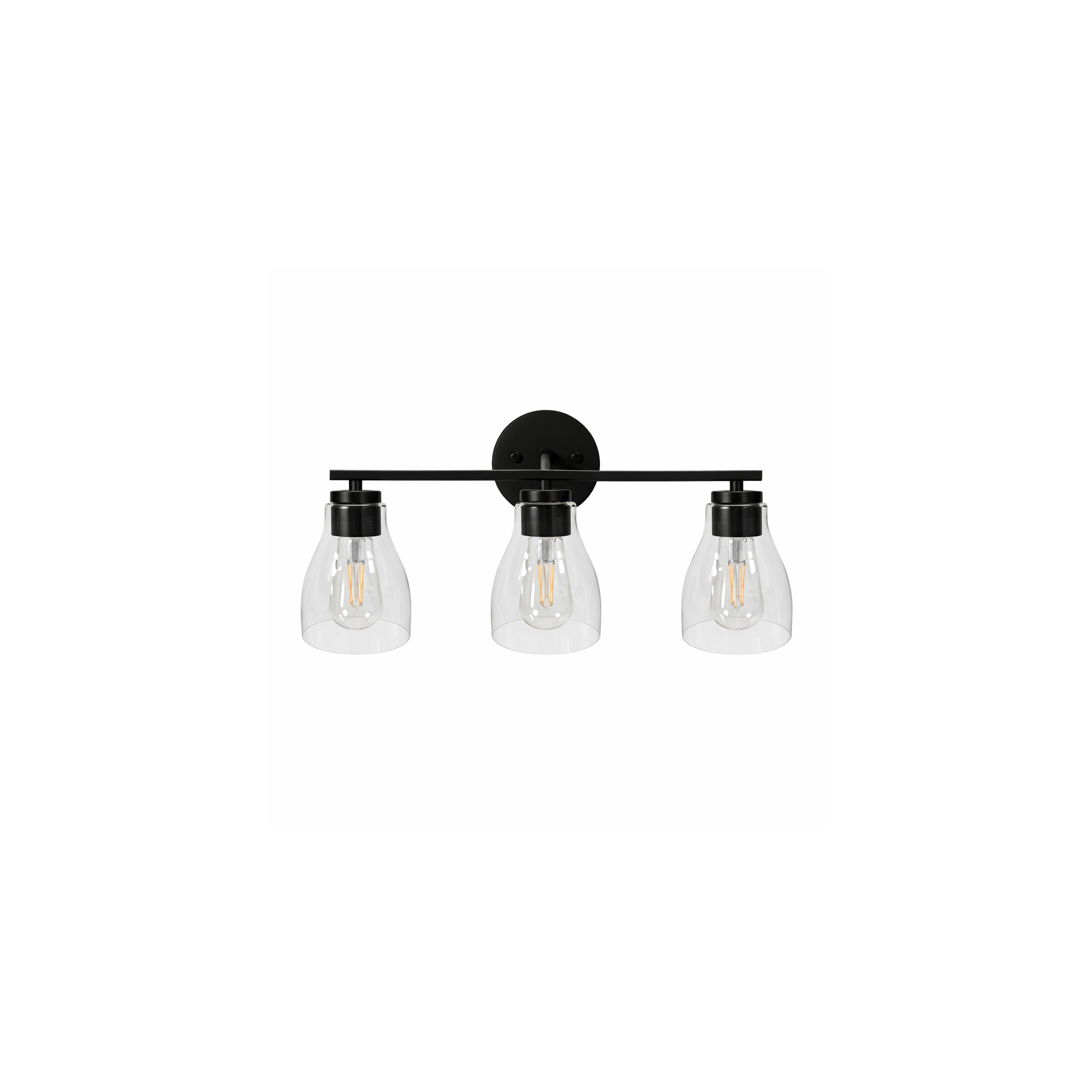 Modern Clear Glass Shade Vanity Wall Light With Steel Frame, Matte Black, 10" H x 22" W x 6.5" D, 3 Lights