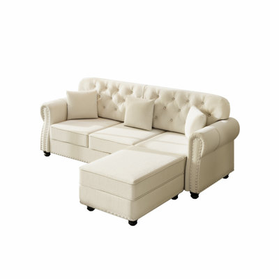Canapé rembourré avec garniture cloutée et accoudoirs roulés, canapé de style Chesterfield moderne avec repose-pieds