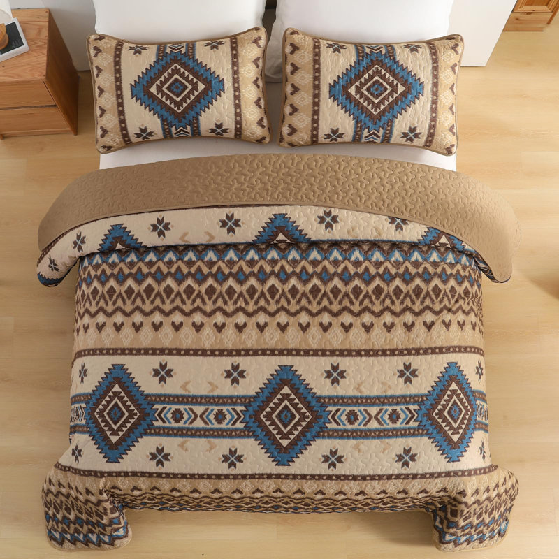 Boho Quilt Set King Size,3 Pieces Aztec Texture Bedspread Brown Southwestern Coverlet Set Soft Lightweight Bed Cover For All Season Microfiber Bedding With 2 Pillowcases(Brown,104"X90")