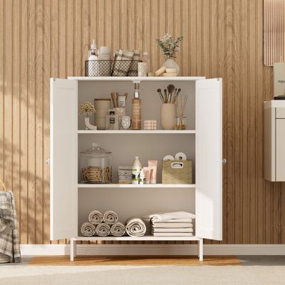 Bathroom Storage Cabinet, Cabinet Freestanding with Magnetic Double Doors & Adjustable Shelves, Free-Standing Storage Cabinet for Small Apartments, White