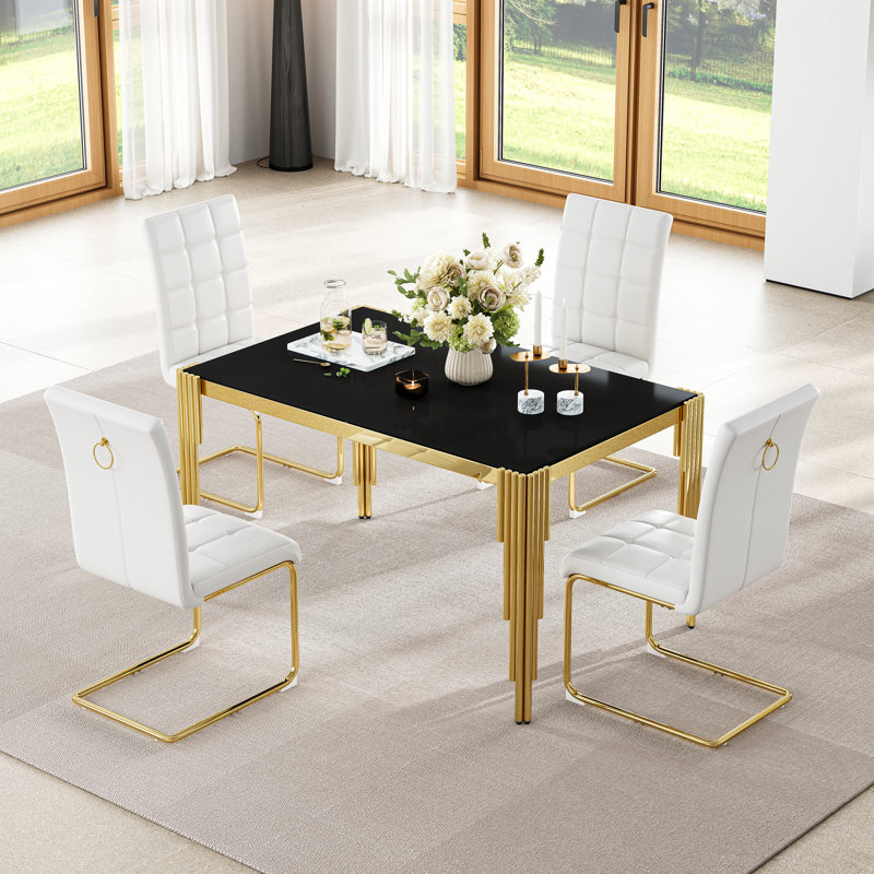 Modern Glass Dining Table Set Of 5, 52.76" Rectangular Tempered Glass Top, Polished Irregular Round Tube Stainless Steel Legs, 4 PU Leather Suspended Stainless Steel Frame Dining Chairs