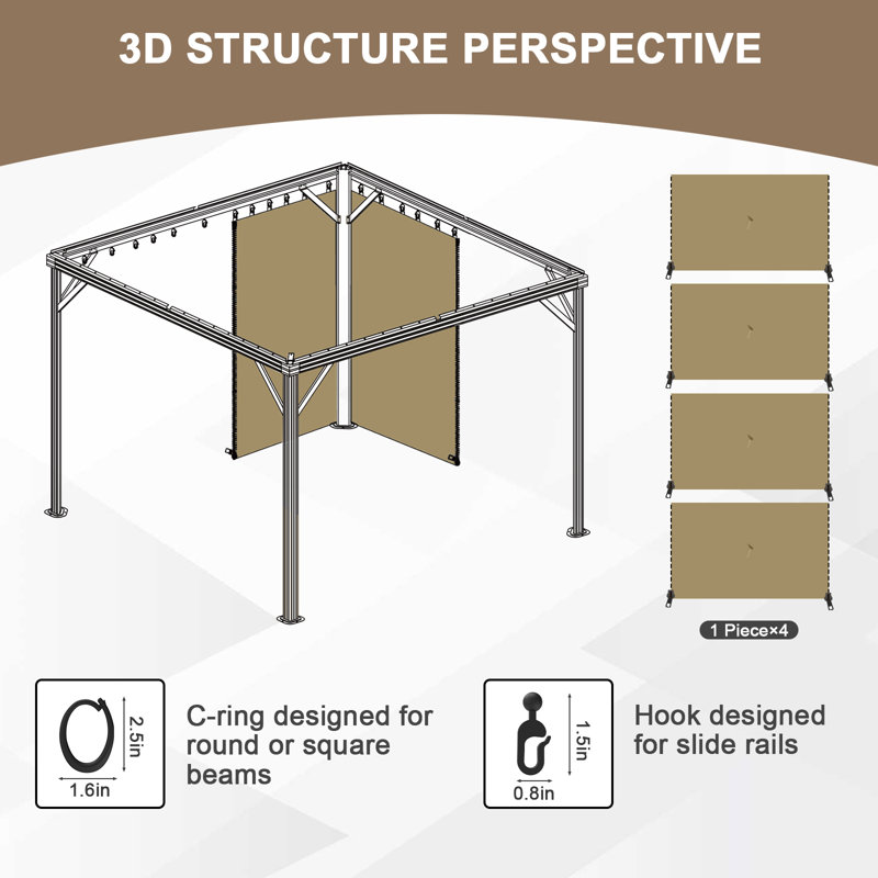 Aoodor Replacement 4-Panel Gazebo Sidewall Curtains, 82.7" H x 120" W x 120" D, Khaki