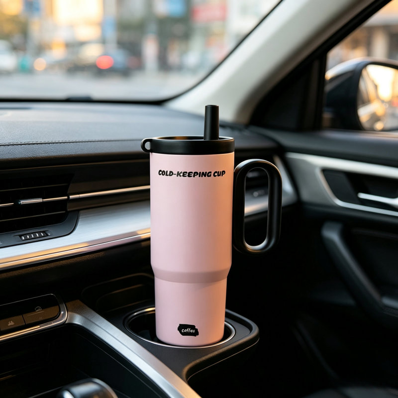 Tambour isotherme à paille isolée avec poignée rose 24 onces Advanced, grande tasse de voyage en acier inoxydable 18/8, convient aux boissons chaudes et froides