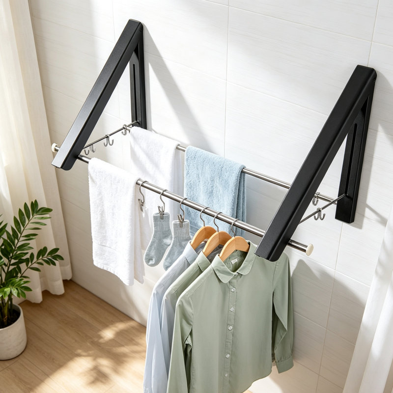 Foldable Wall Mounted Clothes Rack - Space-Saving Aluminum Hanger