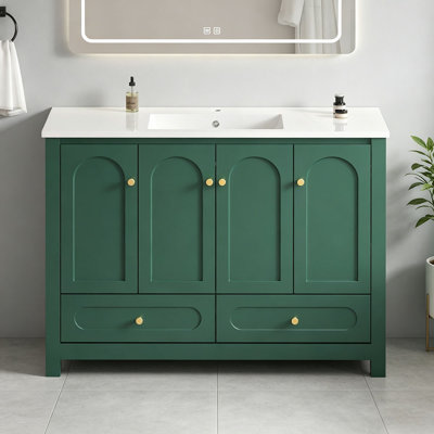 Ensemble de meuble-lavabo vert 48 po avec lavabo en résine, armoire de rangement abondante - 4 portes à fermeture douce et 2 tiroirs