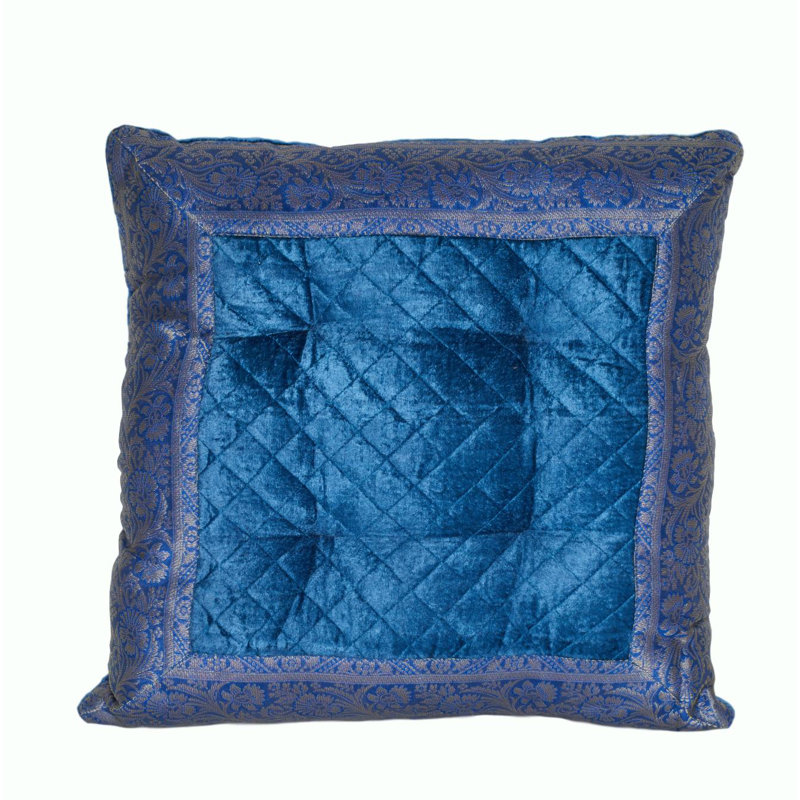 Amar Indoor/Outdoor Velvet Floor Pillow, 16" x 16", Navy Blue