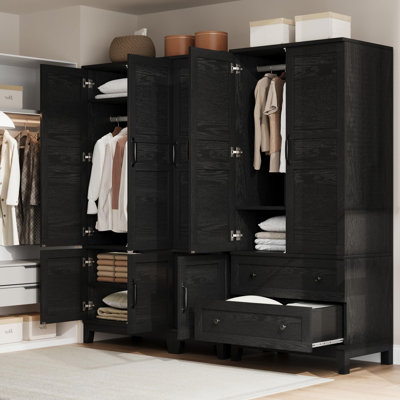 Grande armoire autoportante en bois de style maison de campagne - 2 tiroirs, 18 tablettes réglables et tringle, armoire de rangement pour chambre à coucher avec anti-basculement noir sécuritaire