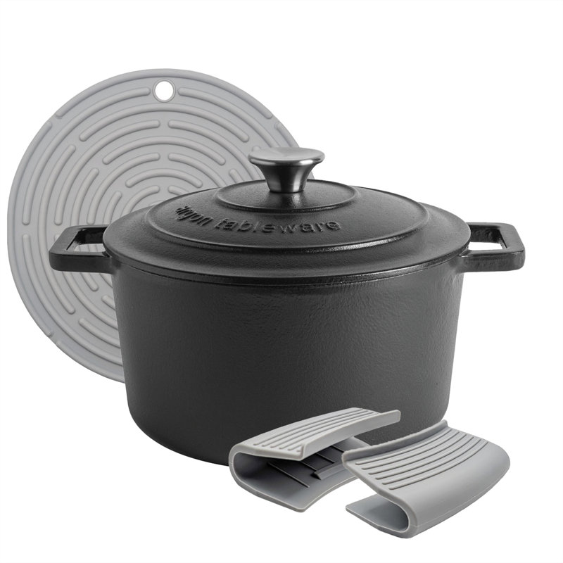 Argon Tableware - Round Cast Iron Casserole Dish, Black