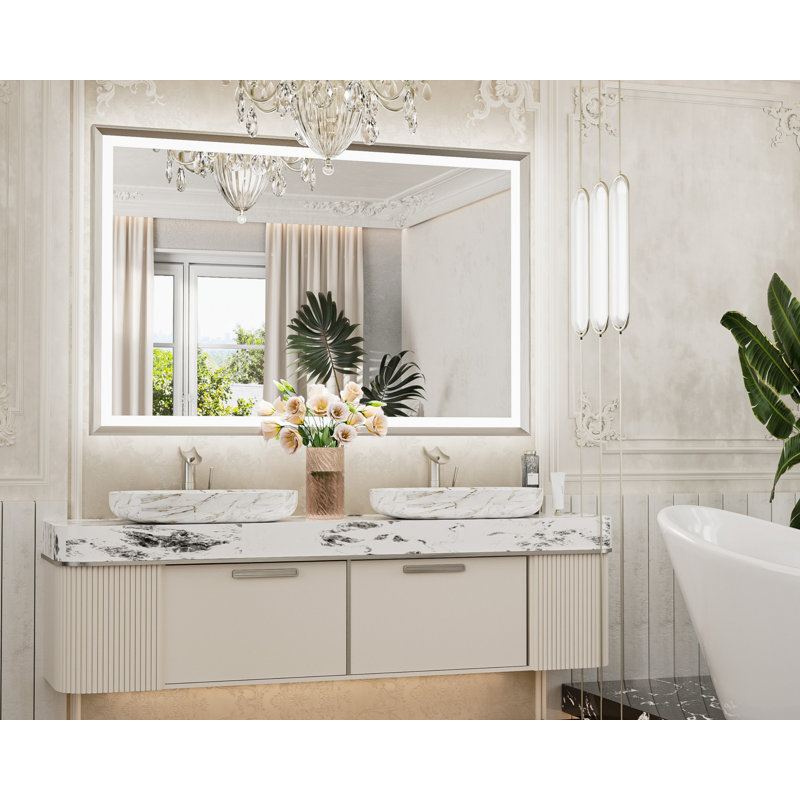 Miroir de salle de bain à DEL New Rockford, 55 po x 36 po, Rectangulaire, Nickel brossé
