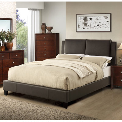 Bed Set Brown Faux Leather Upholstered Two-Panel Bed Frame Headboard Bedroom Furniture