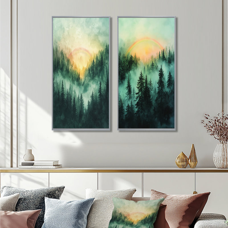 Rainbow In The Misty Forest I - Collection d'art sur toile 2 panneaux, H 32 po x l 33 po, Encadrement argenté