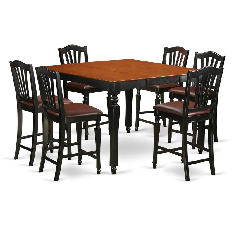 Ensemble de comptoir de cuisine 7 pièces composé d'une table de salle à manger carrée avec rallonge papillon et 6 chaises de salle à manger en similicuir, noir et cerise, 54 x 54