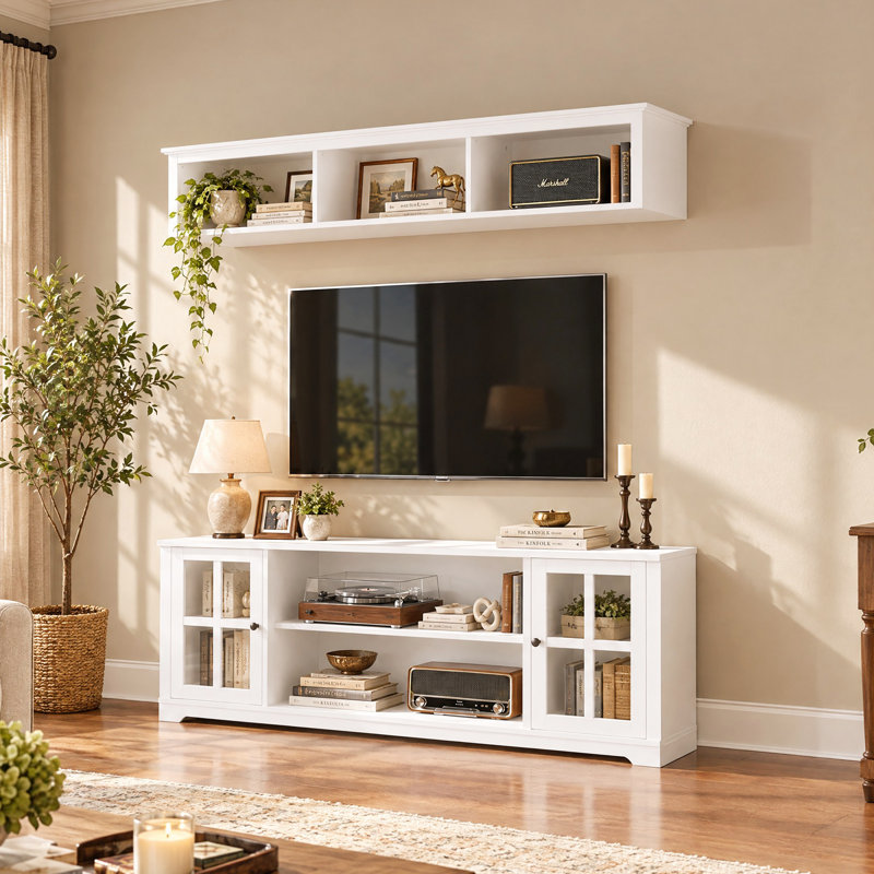 68.1" W 2-Piece TV Stand for TVs up to 65" with Wall-Mounted Bridge and Adjustable Shelves, White