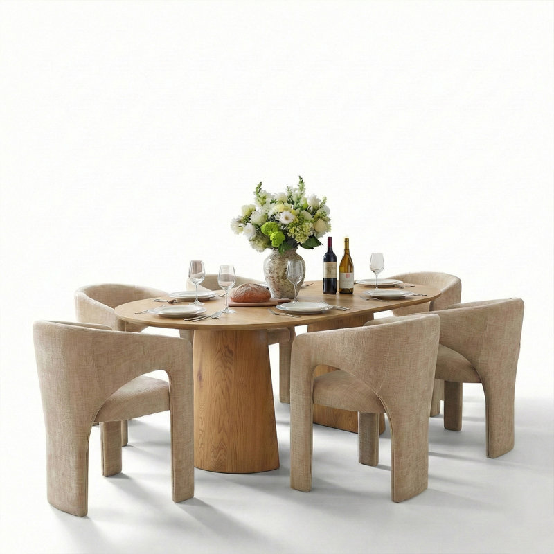 47"-83" Extendable Round To Oval Dining Table Set,Modern Pedestal Wood Dining Table With Upholstered Barrel Chairs, Brie 