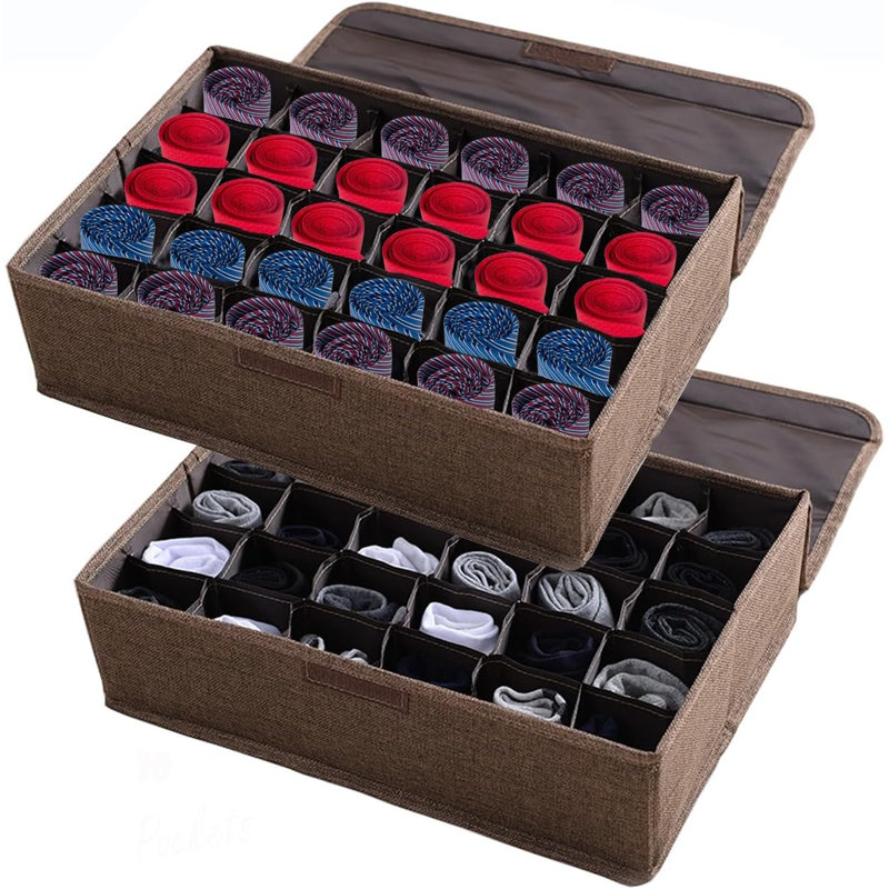 Ensemble de 2 sous-vêtements organisateur de rangement pour cravates avec couvercles pliables pour tiroir de placard 60 cellules