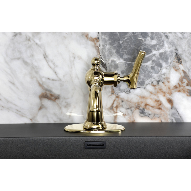 Robinet de salle de bain 1 trou à fixation sur le comptoir avec plaque de pont et bonde Kingston Brass Hallerbos, Laiton poli