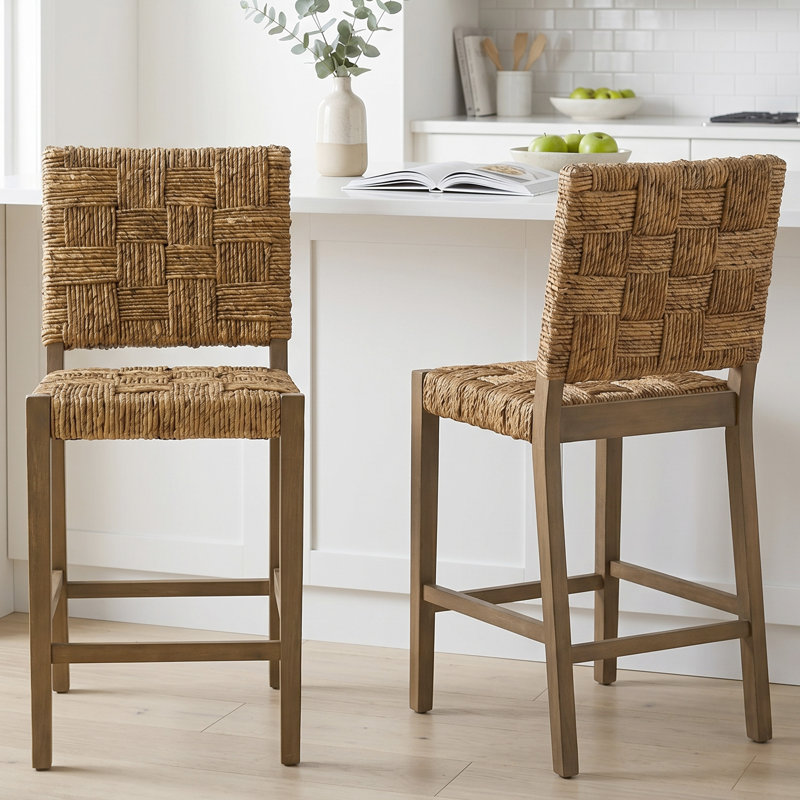 Tabouret de comptoir en bois massif tissé à la main 17,7 po