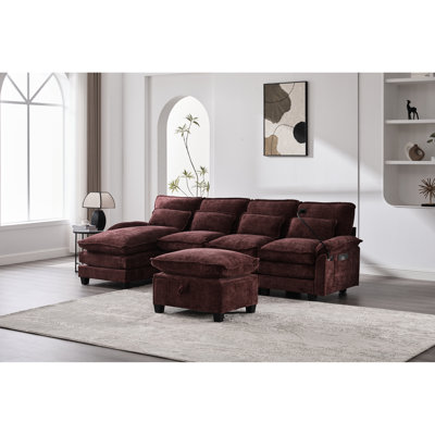 Chenille 4 places en U en forme de U pour le salon, canapé modulaire en forme de U en forme de U de 106 po avec tissu doux, structure en bois massif, + ports de type C, support pour téléphone, espace de rangement pour repose-pieds spacieux, cadre,