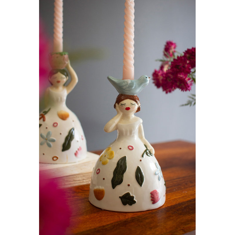  Set of Two Ceramic Taper Candle Holders Figurative Girl Design Vintage Inspired Decorative Tabletop Decor
