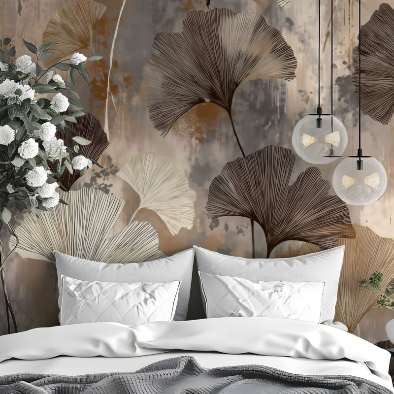 Papier peint feuille de ginkgo beige et brun avec motif botanique abstrait délavé, L 480 po x l 60 po, Peel & Stick