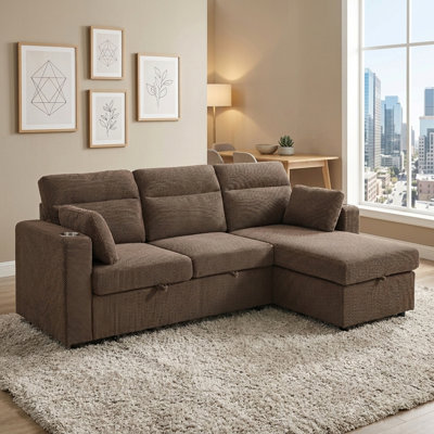 3-Piece Sleeper Sofa with Reversible Storage Chaise & Cup Holders