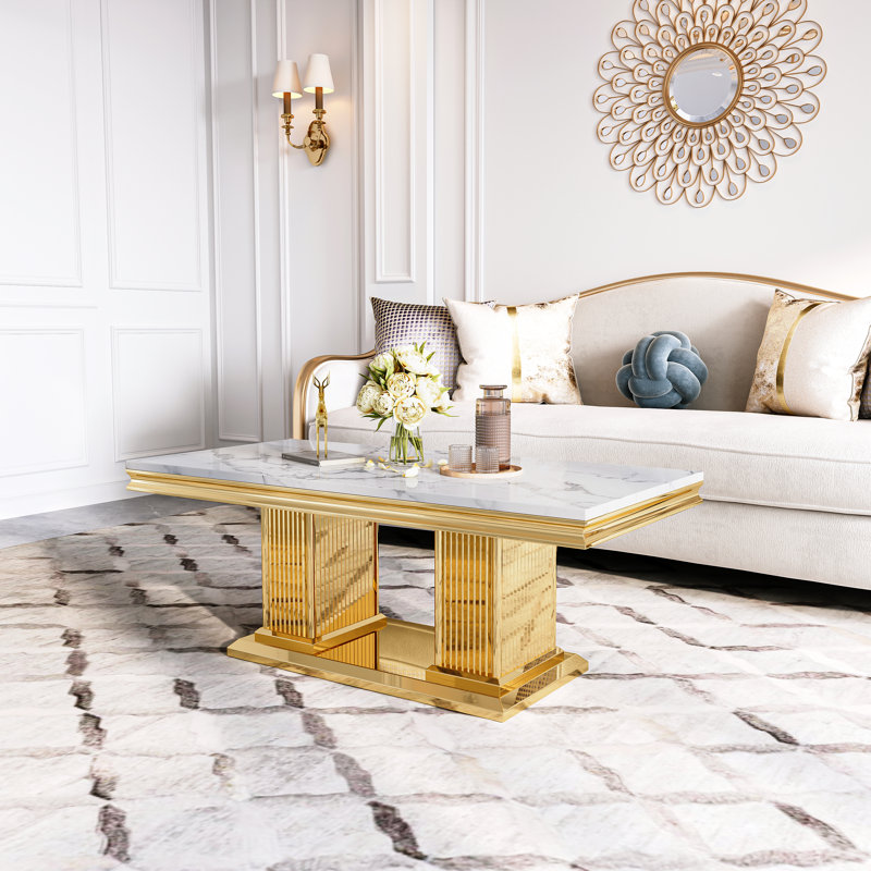 Table basse rectangulaire en acier inoxydable, Blanc, Doré
