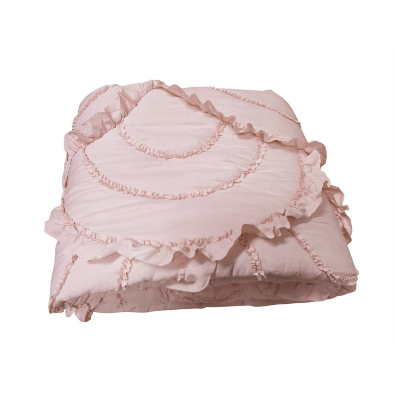 DESIGN STUDIO Scallop Ruffle Blush Pink Garment Washed Soft Solid Quilt Set, Queen Quilt + 2 Standard Shams