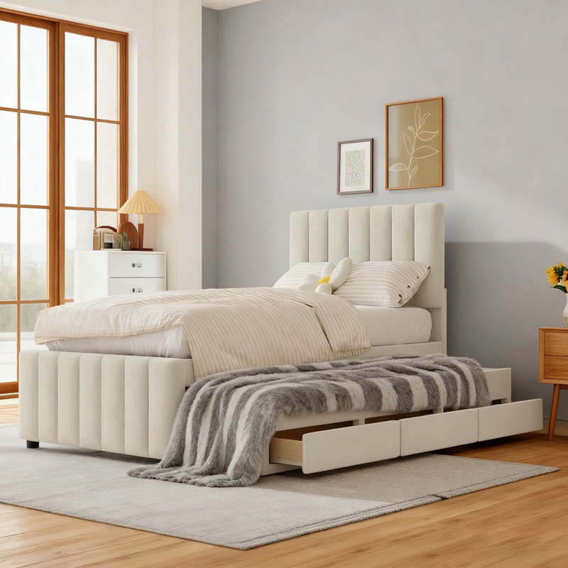 Lit plateforme tapissier avec lit gigogne simple et 3 tiroirs, tissu en lin, Beige, Simple