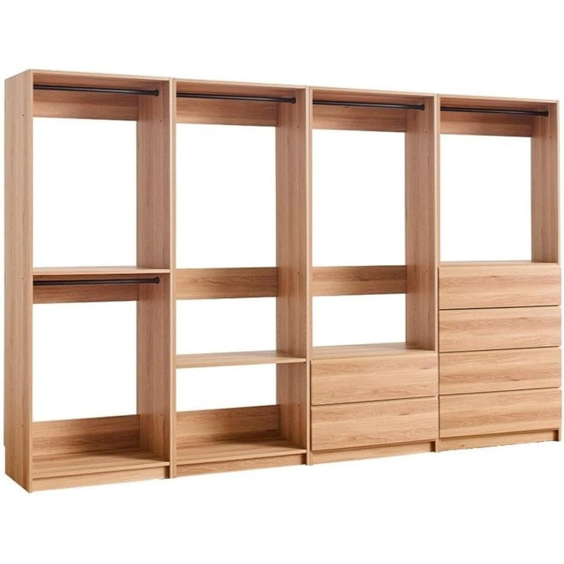 Oak Freestanding Modular Walk in Wood Closet System with Customizable Storage Options, Oak Wood