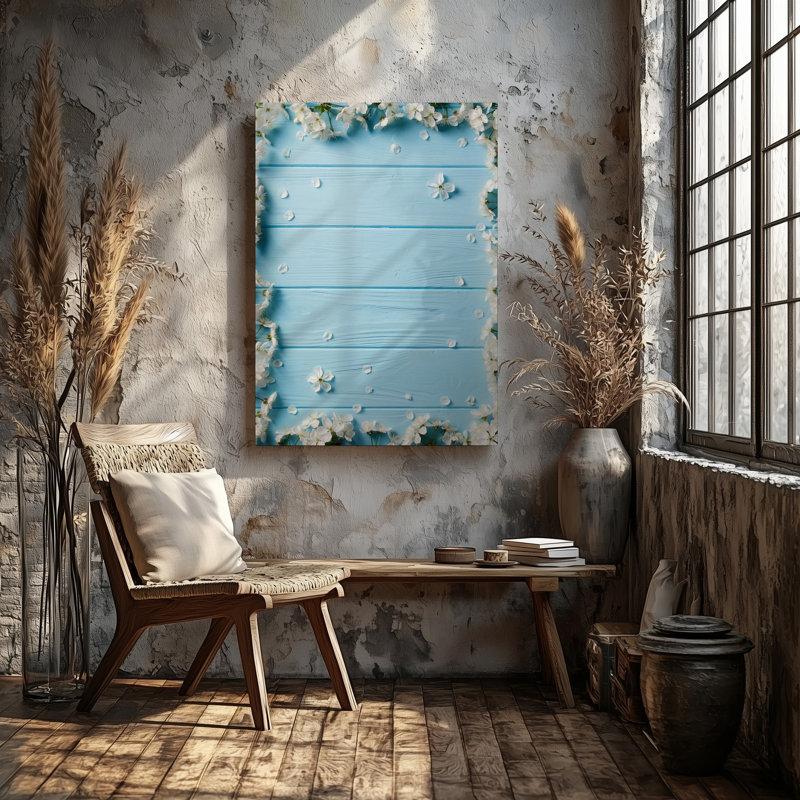 Toile, vue de dessus sereine délicate de fleurs de cerisier blanches délicates éparpillées sur une douce surface en bois bleu clair