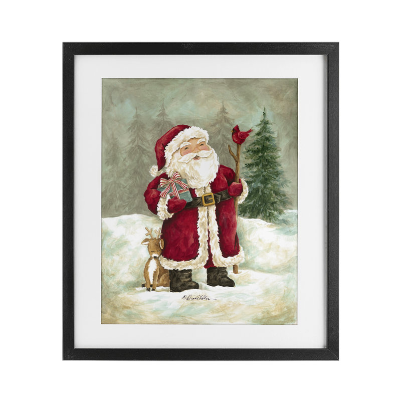 «Joyful Santa & Cuddling Reindeer», reproduction d'art sous verre encadrée par Diane Kater, Cadre noir minuit